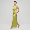 Satin One-Shoulder Maxi Dress in Green – 3
