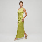 Satin One-Shoulder Maxi Dress in Green – 3