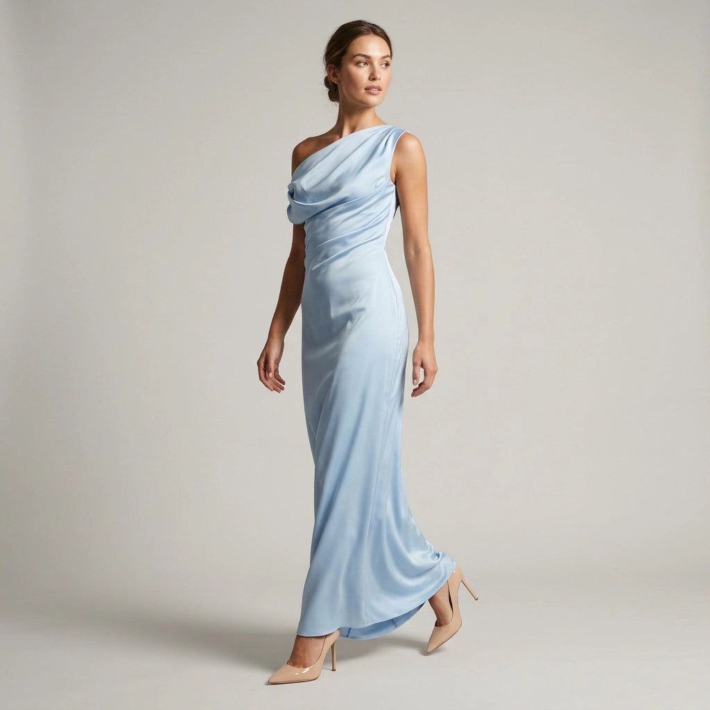 Satin One-Shoulder Maxi Dress in Blue – 4