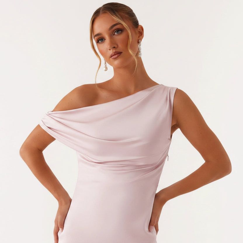 Satin One-Shoulder Maxi Dress in Pink – 6