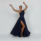 Satin One Shoulder Wedding Guest Dress with Slit Navy 1