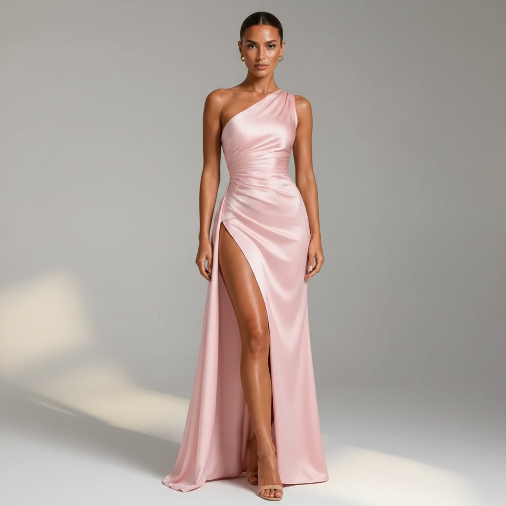 Satin One Shoulder Wedding Guest Dress with Slit Dusty Rose 10