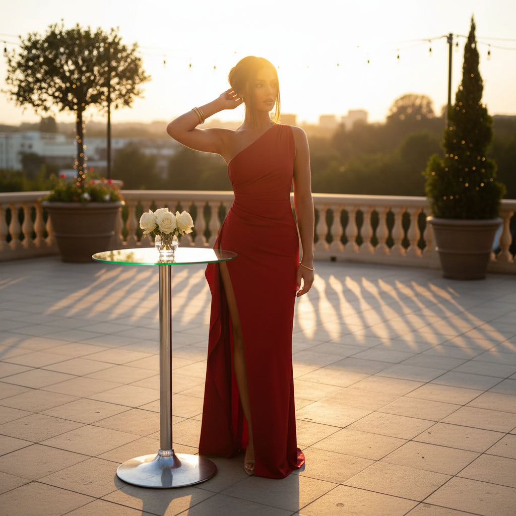 Satin One Shoulder Wedding Guest Dress with Slit Red 15