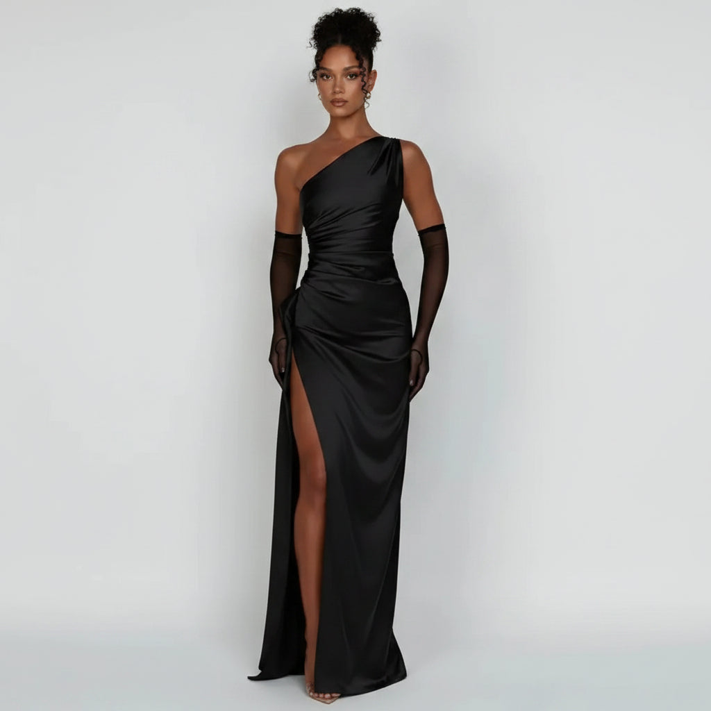 Satin One Shoulder Wedding Guest Dress with Slit Black 5