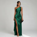 Satin One Shoulder Wedding Guest Dress with Slit Black 6