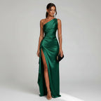 Satin One Shoulder Wedding Guest Dress with Slit Black 6