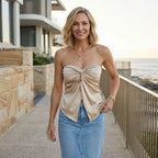 Satin Strapless Top with Sweetheart Neckline Beige 1