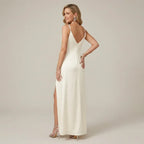 Satin V-Neck Black Tie Dress with Slit Beige 2