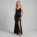 Satin V-Neck Black Tie Dress with Slit Black 5