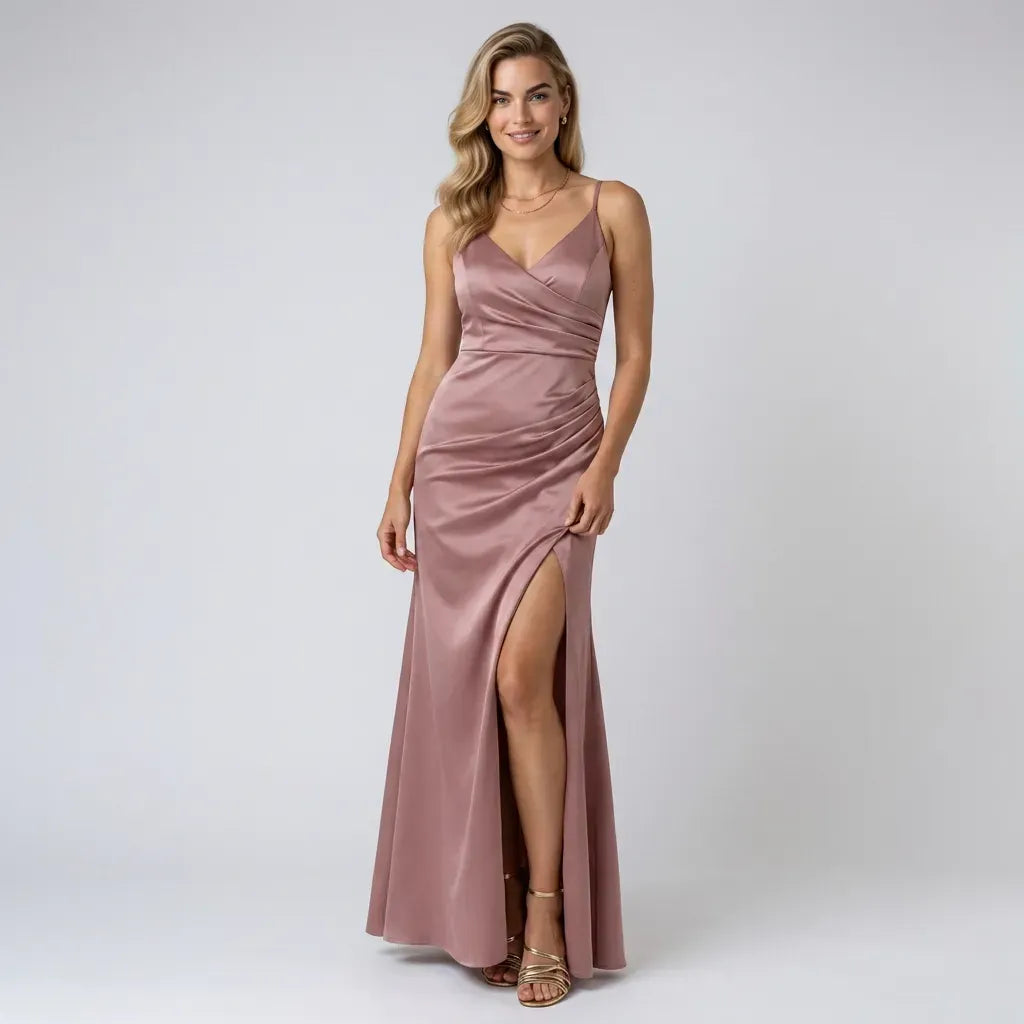Satin V-Neck Black Tie Dress with Slit Pink 8
