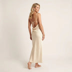 Satin V-Neck Slip Maxi Dress with Tie Front Beige 4