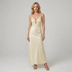 Satin V-Neck Slip Maxi Dress with Tie Front Beige 5