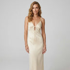 Satin V-Neck Slip Maxi Dress with Tie Front Beige 6