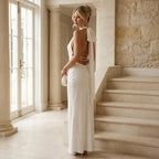 Satin Wedding Guest Dress with Halter Neck Bow White 2