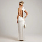 Satin Wedding Guest Dress with Halter Neck Bow White 5