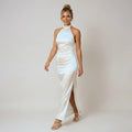Satin Wedding Guest Dress with Halter Neck Bow White 6