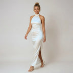 Satin Wedding Guest Dress with Halter Neck Bow White 6
