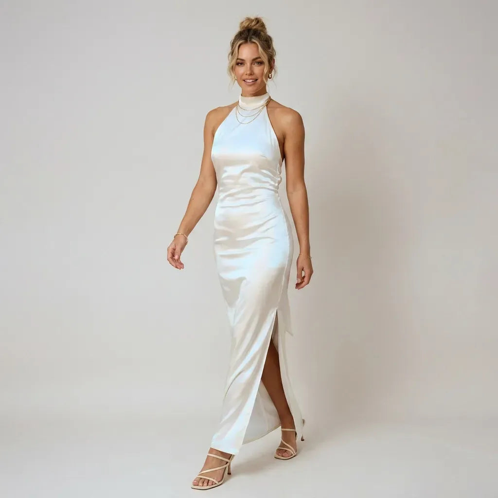 Satin Wedding Guest Dress with Halter Neck Bow White 6