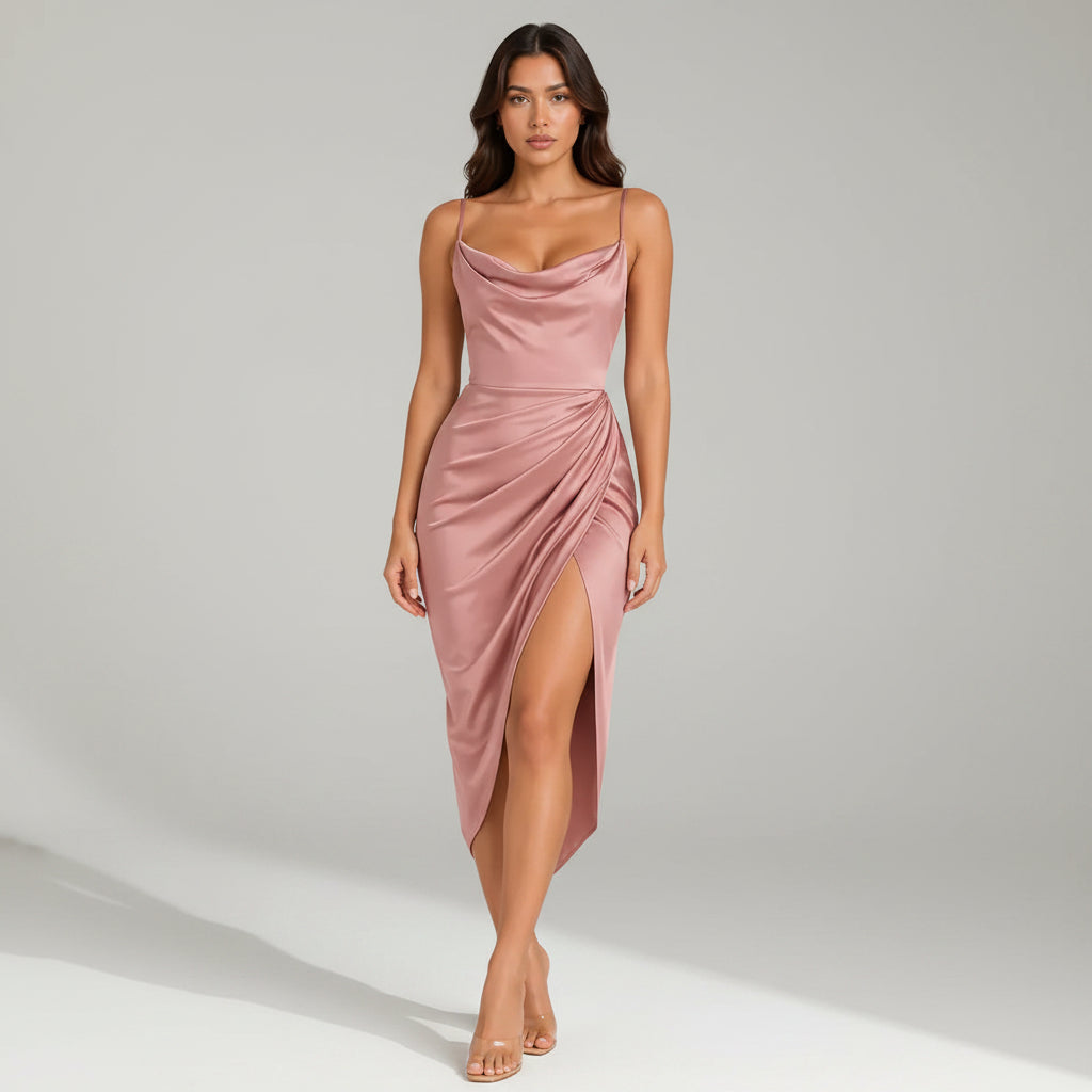 Satin Wrap Wedding Guest Dress with Slit Pink 4