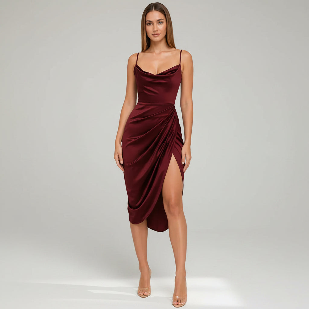 Satin Wrap Wedding Guest Dress with Slit Dark Red 5