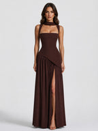 Sculpted Draped Maxi Dress in Brown – 1