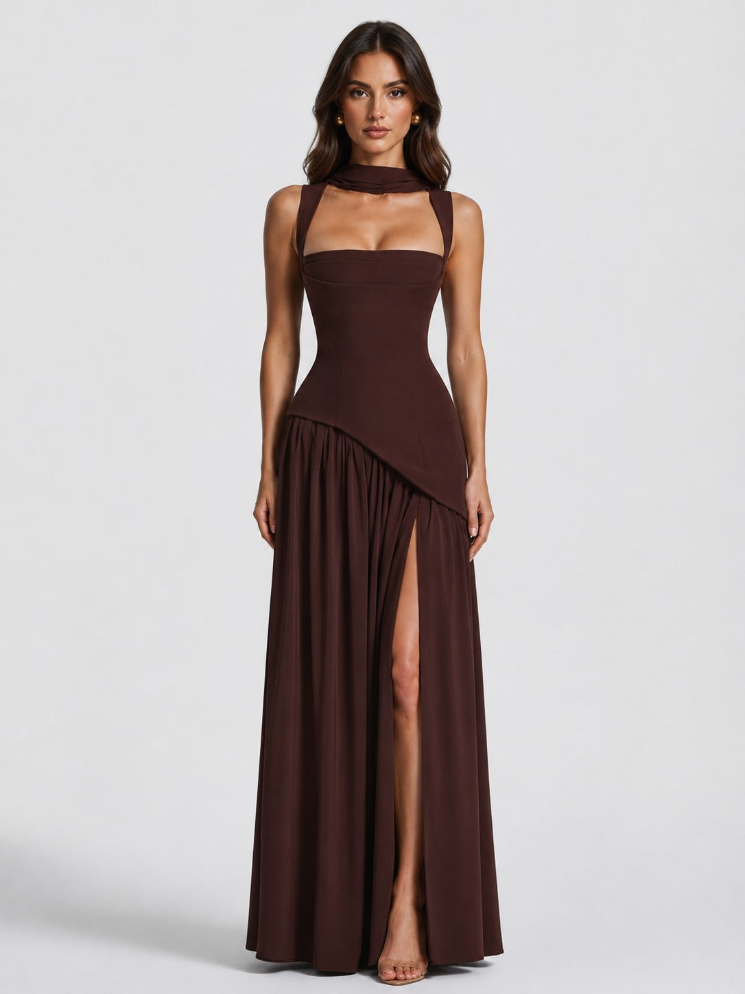 Sculpted Draped Maxi Dress in Brown – 1