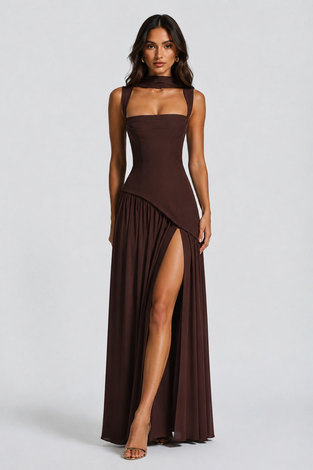 Sculpted Draped Maxi Dress in Brown – 5