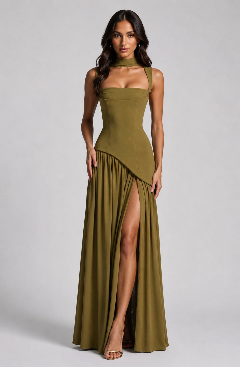 Sculpted Draped Maxi Dress in Sage Green – 6