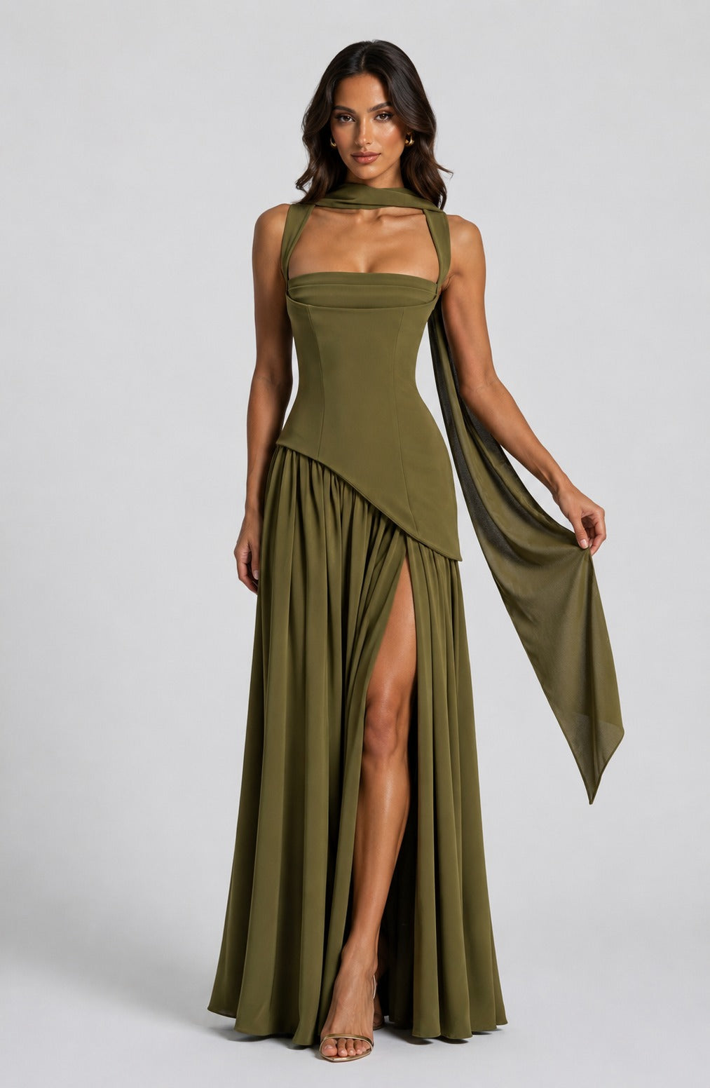 Sculpted Draped Maxi Dress in Sage Green – 7