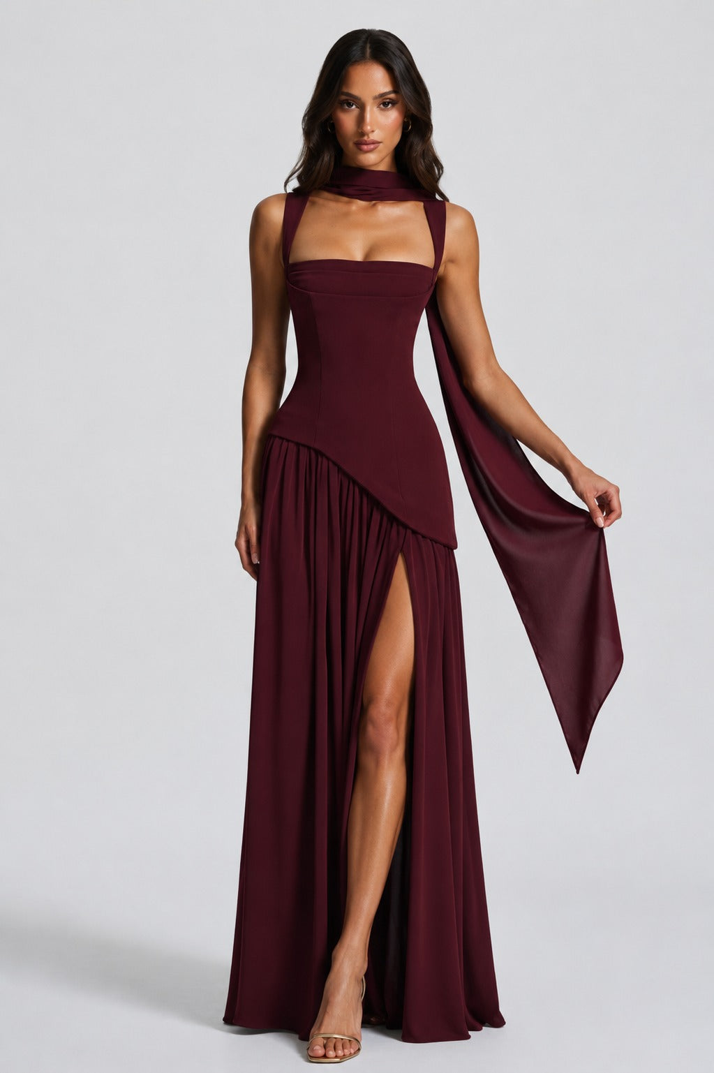 Sculpted Draped Maxi Dress in Burgundy – 9