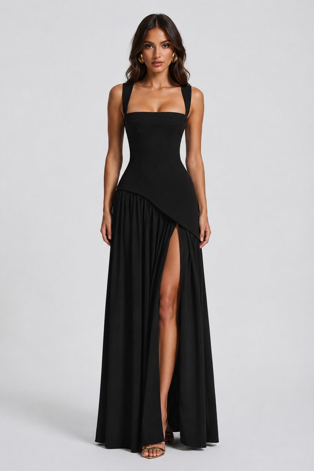 Sculpted Draped Maxi Dress in Black – 10