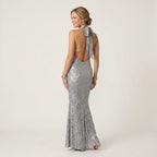 Sequin Halter Neck Formal Maxi Dress for Gala Silver 1