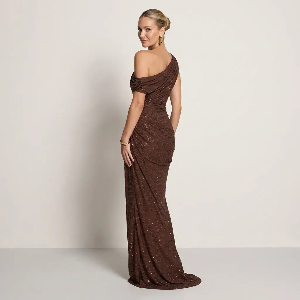 Sequin One Shoulder Black Tie Dress Evening Gown Brown 2