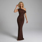 Sequin One Shoulder Black Tie Dress Evening Gown Brown 4