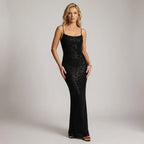 Sequin Slip Maxi Dress with Spaghetti Straps Black 5