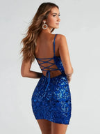 Sequin Sparkly Dress with Spaghetti Straps Blue 1