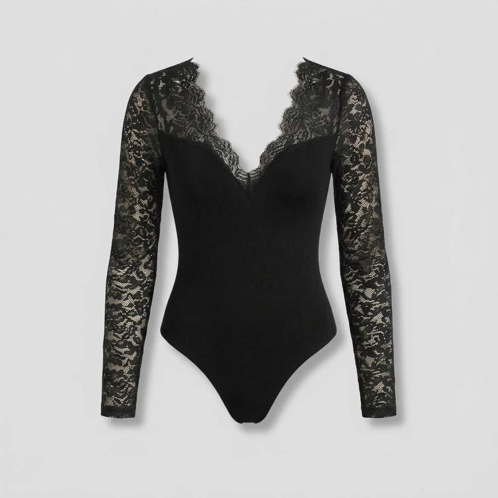 Sexy Lace V-Neck Long Sleeve Top Black 2