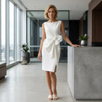 Sheath Boat Neck Dress with Bow Detail Cocktail White 1