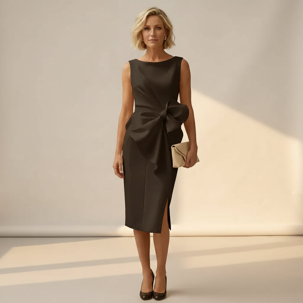 Sheath Boat Neck Dress with Bow Detail Cocktail Black 2