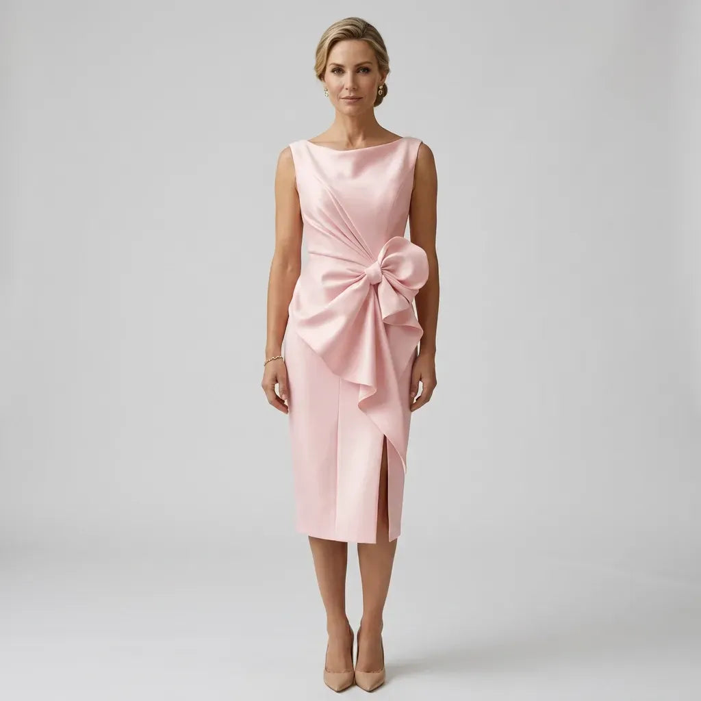 Sheath Boat Neck Dress with Bow Detail Cocktail Pink 3