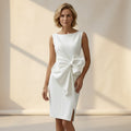 Sheath Boat Neck Dress with Bow Detail Cocktail White 5