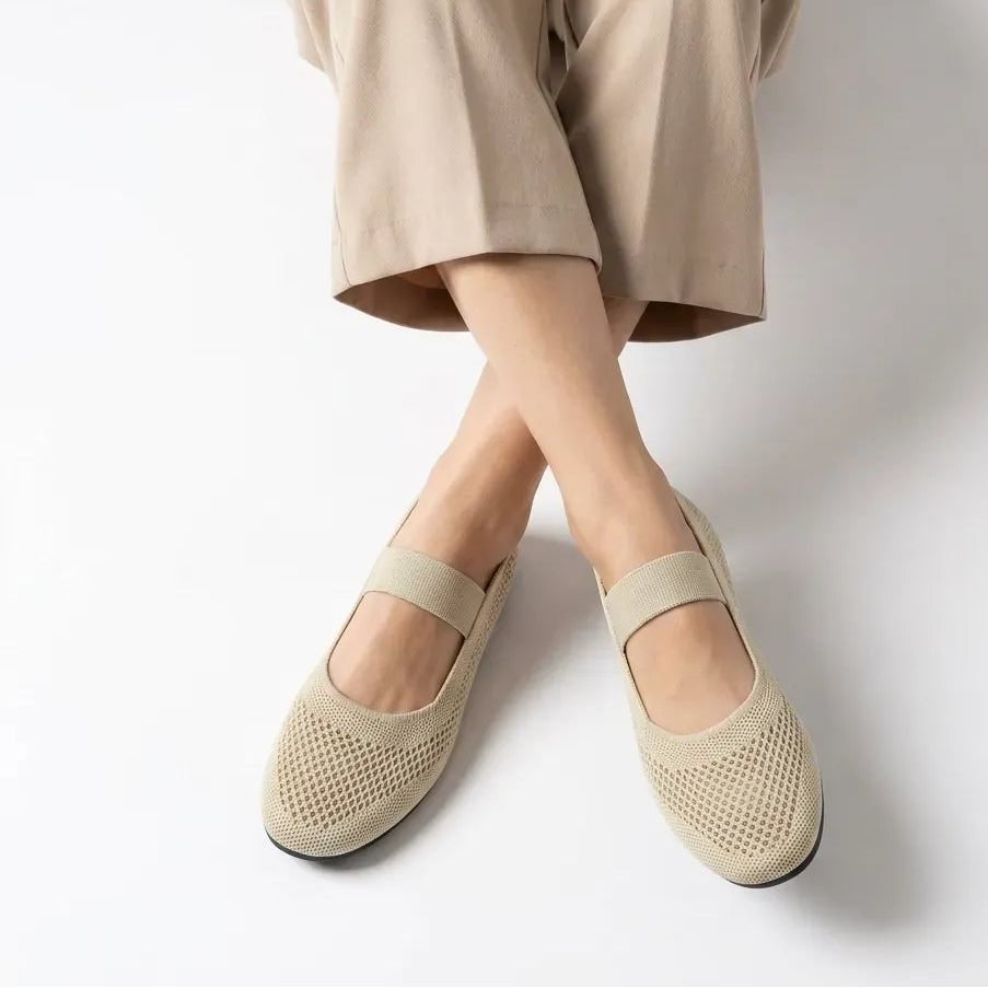 Sheer Mesh Ballet Flats with Mary Jane Strap Beige 3