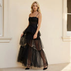 Sheer Mesh Corset Maxi Dress with Tiered Skirt Black 1