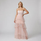 Sheer Mesh Corset Maxi Dress with Tiered Skirt Pink 2
