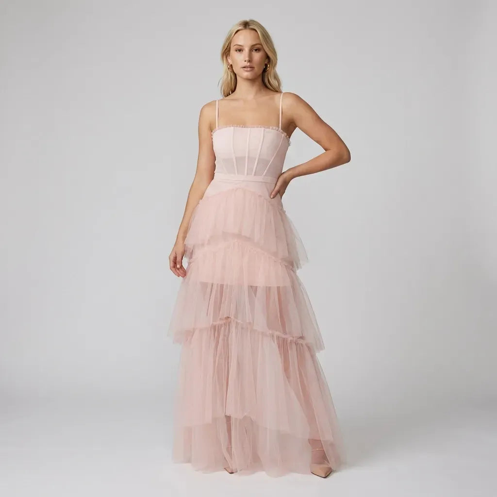 Sheer Mesh Corset Maxi Dress with Tiered Skirt Pink 2