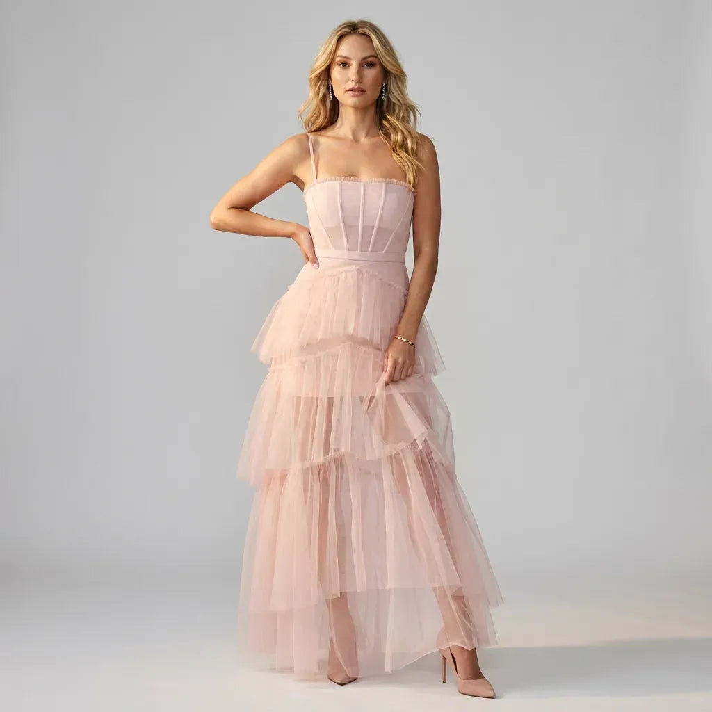 Sheer Mesh Corset Maxi Dress with Tiered Skirt Pink 3