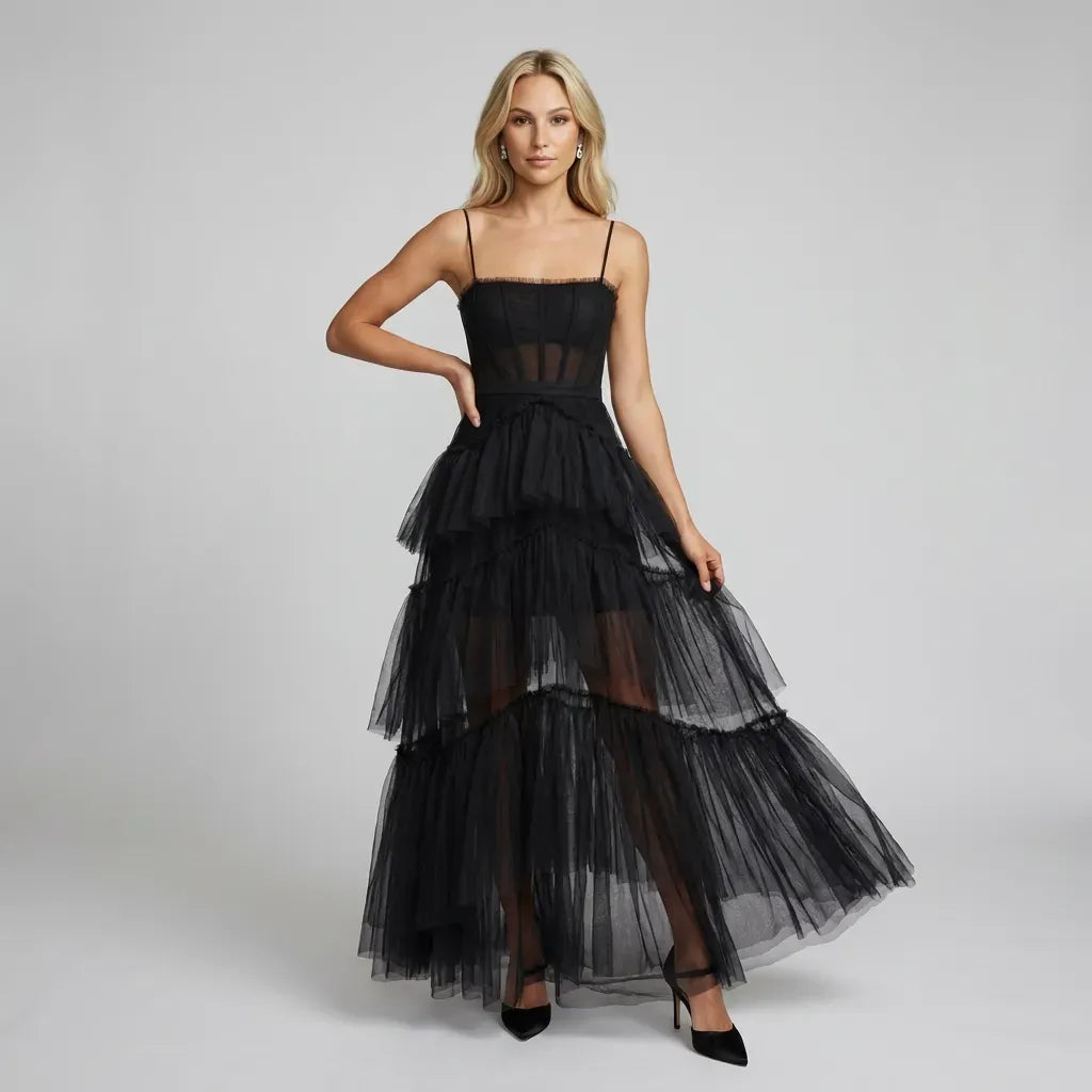 Sheer Mesh Corset Maxi Dress with Tiered Skirt Black 4