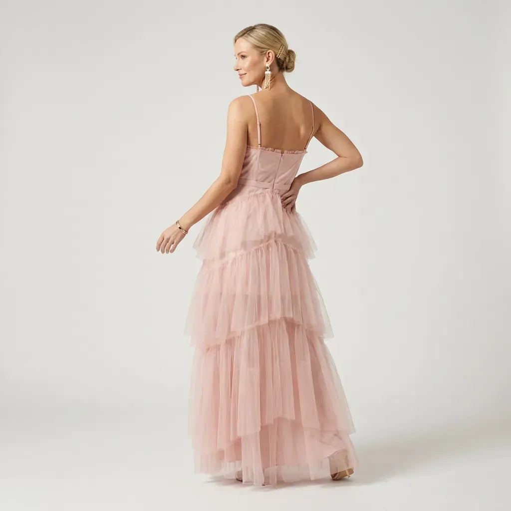Sheer Mesh Corset Maxi Dress with Tiered Skirt Pink 5