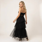 Sheer Mesh Corset Maxi Dress with Tiered Skirt Black 6