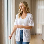 Short Sleeve Crochet Cardigan with Open Front Trim White 1